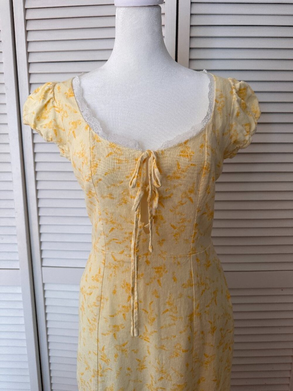 WAYF Yellow Floral Tie-Neck Midi Dress
